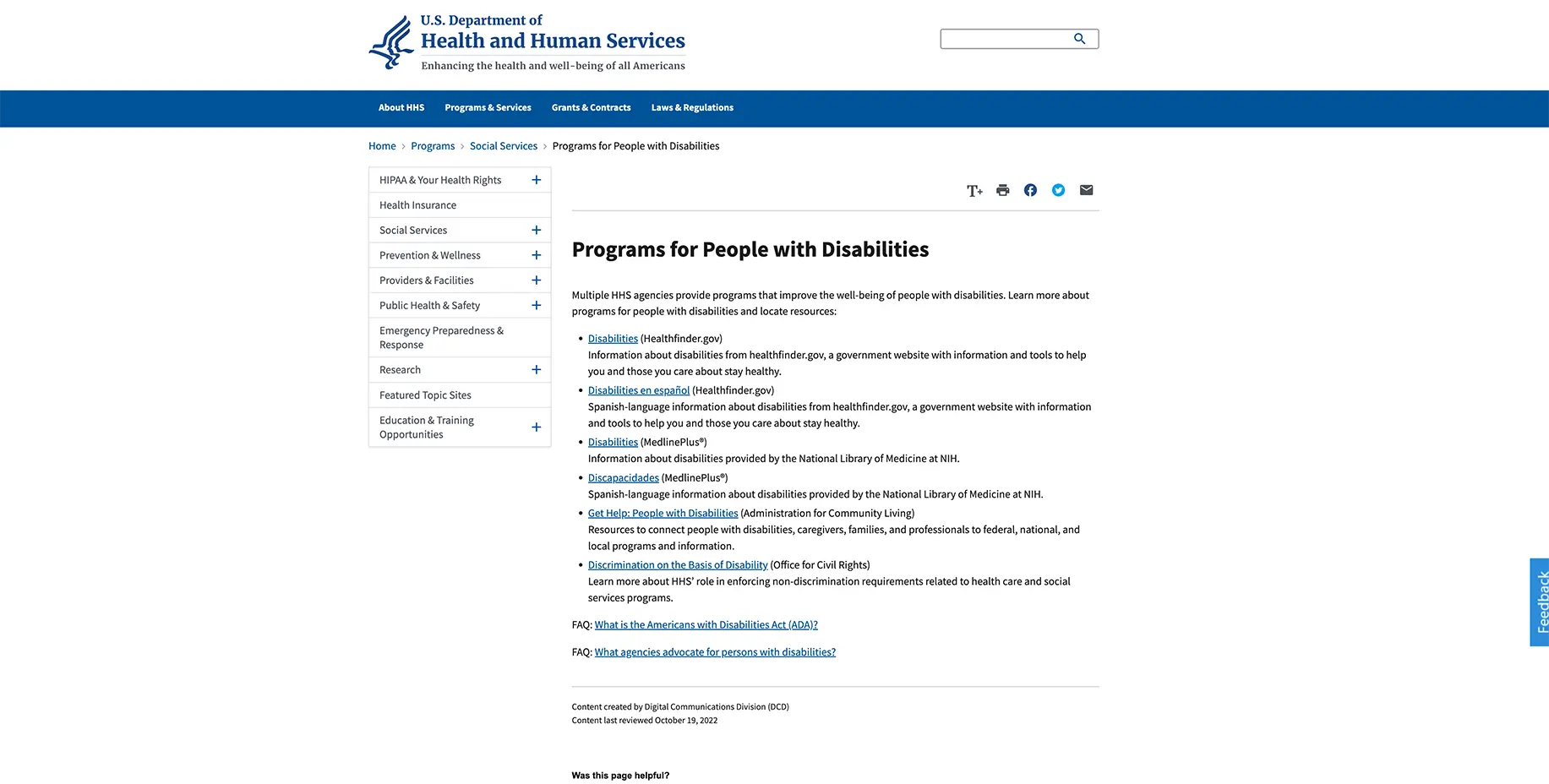 HHS Programs for people with disabilities